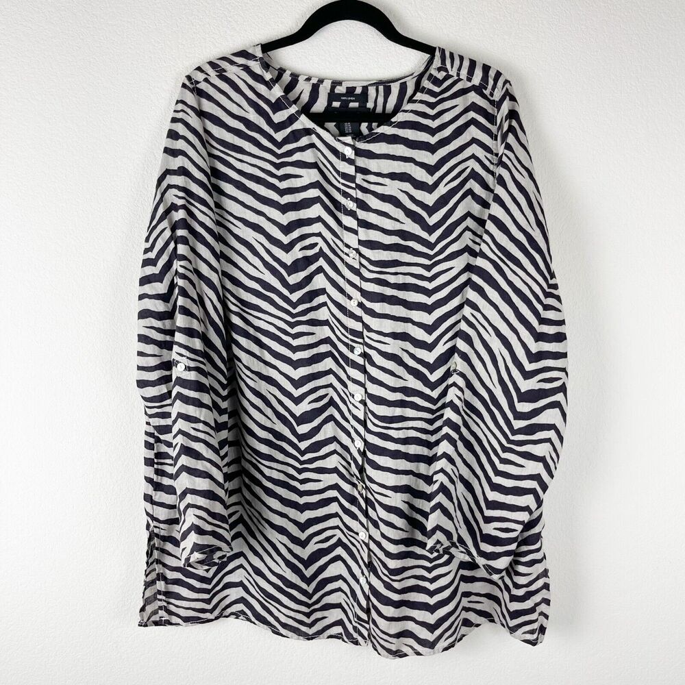 Tahari Linen Tunic Top Womens 1X Roll Tab Button Front Zebra Coastal Lagenlook